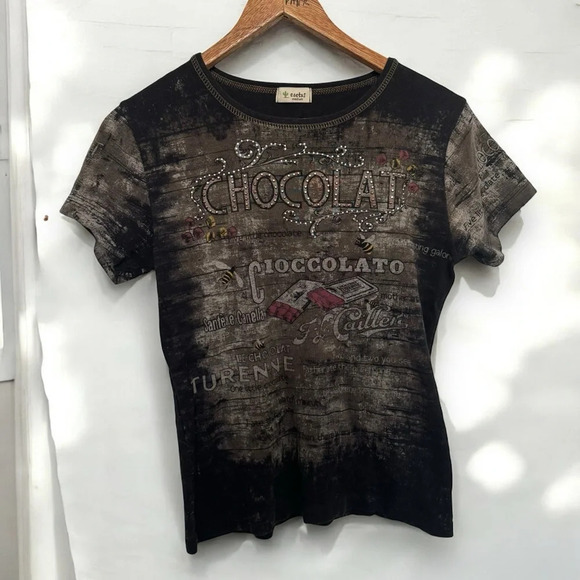 Vintage Y2K chocolate rhinestone  bling tee shirt M - Picture 1 of 5